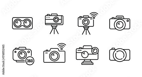 Collection of camera icons representing photography technology and digital gadgets vector