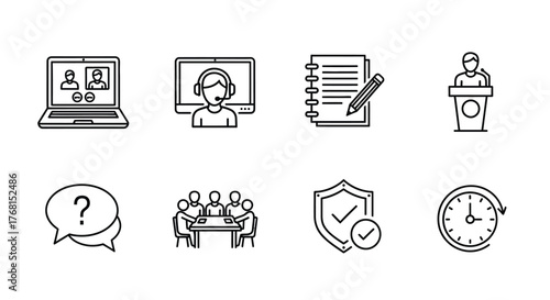 Set of eight hand drawn doodle icons representing business meetings online learning and security concepts vector