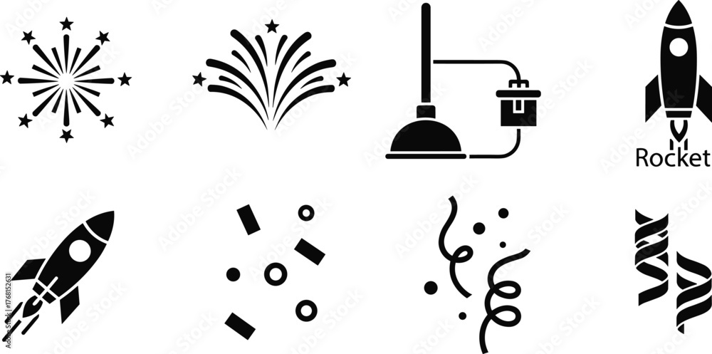 Naklejka premium Set of Black Firework, Rocket, and Celebration Solid Icons Vector Illustration
