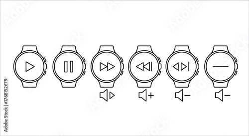 Collection of round media player icons including play pause skip volume controls on white vector