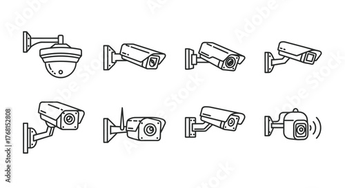 Collection of security surveillance cameras mounted on walls representing safety and monitoring systems vector