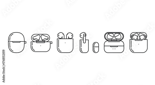 Modern wireless earbuds charging cases and earphones collection minimalist line art outline style vector