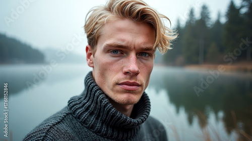 Portrait of a swede by misty lake in natural landscape