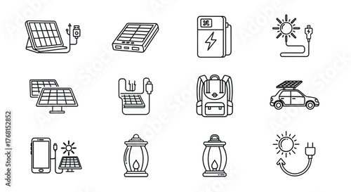 Clean energy icons set solar power wind turbine battery electric car and eco friendly symbols vector