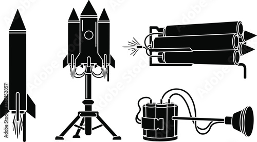 Black Silhouette Icons of Rocket Launchers and Weaponry Vector Set