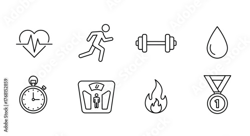 Set of simple line icons representing fitness health and sports activities vector