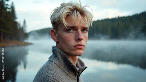Portrait of a swede by misty lake in scandinavian nature