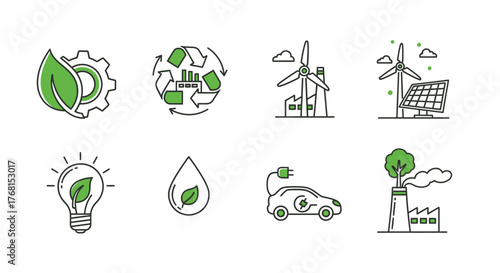 Set of hand-drawn renewable energy icons featuring wind turbines solar panels electric car and leaf symbols. vector