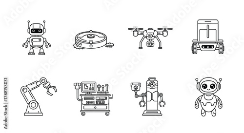 Collection of cute hand-drawn robot icons for technology and future concepts vector