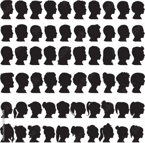 Extensive collection of fifty black silhouette profiles of men, women, and children with diverse hairstyles on a white background