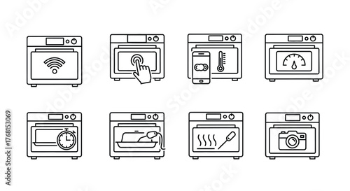 Modern kitchen appliance icons representing smart oven features for cooking and technology vector