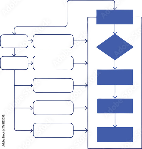Complex business flowchart diagram with sequential steps, decision point, and parallel inputs, an abstract vector template for algorithm, detailed workflow, or process analysis presentation.