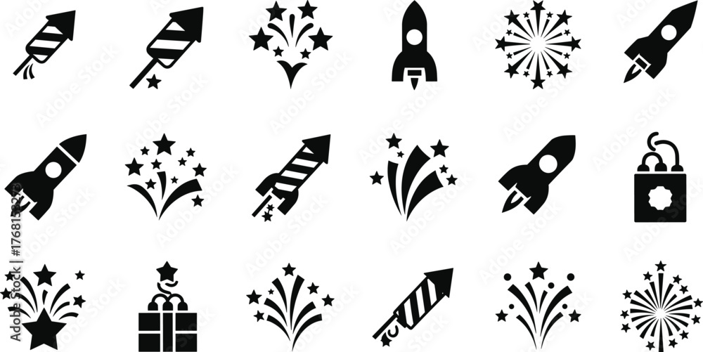 Naklejka premium Set of Black Firework, Rocket, and Celebration Solid Icons Vector Illustration