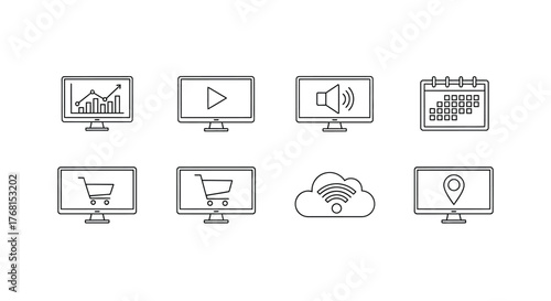Digital marketing icons on monitors representing online business growth and e-commerce services vector