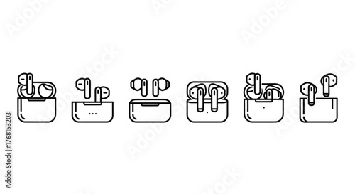 Collection of wireless earbuds in charging cases minimalist line art style vector