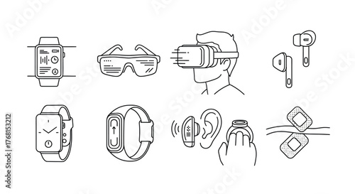 Collection of hand drawn style sketches featuring modern technology gadgets and wearables vector