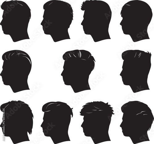 Grid of twelve black silhouette profiles of young men showcasing different hairstyles and haircuts on a white background