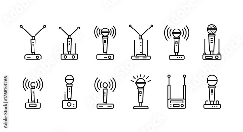 Collection of hand drawn microphone icons showing wireless technology and sound transmission vector