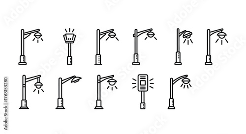Collection of diverse street lamp icons representing urban lighting and public infrastructure elements vector