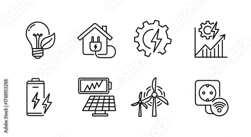 Eco friendly technology set clean energy icons smart home power generation renewable resources vector