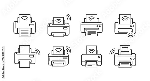 Set of eight wireless printer icons with document and signal wave lines vector