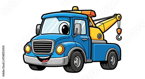 Adorable Cartoon Tow Truck with Friendly Face Ready to Rescue Vehicles on the Road
