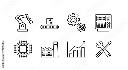 Modern industry technology icons set featuring robotics manufacturing automation and data analysis vector