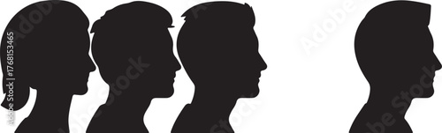 Silhouettes of four diverse human profiles in black against a white background head face