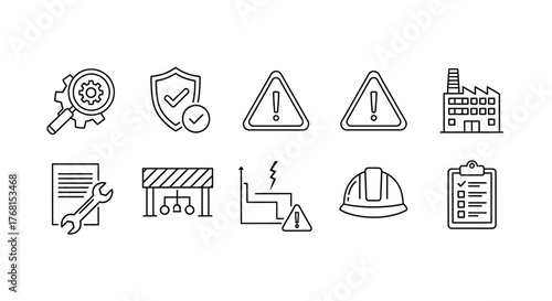 Industrial safety icons set featuring gear quality assurance warning signs factory and hard hat vector