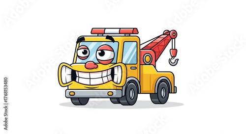 Cartoon tow truck with an amusing grin and dynamic features ideal for children's educational