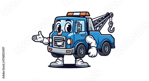 Friendly cartoon tow truck character with a welcoming gesture and a playful design