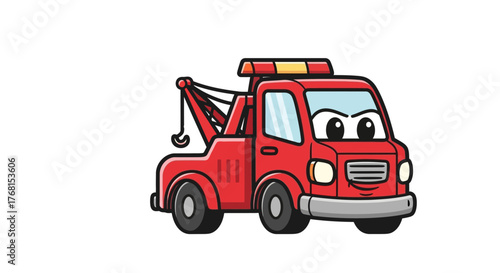 Cartoon tow truck illustration featuring a red vehicle with expressive eyes and a friendly smile