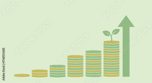 Sustainable money growth concept ascending coin stacks, a plant sprout, and an upward arrow illustrate financial prosperity, wise investment, and development