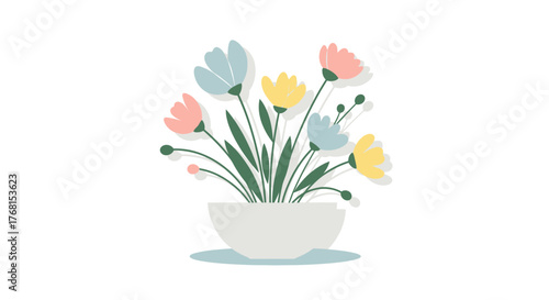 Stylized floral arrangement in pastel hues, a delicate and whimsical botanical illustration