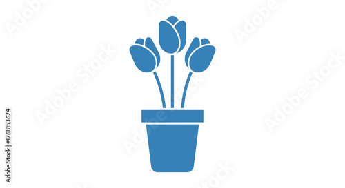 Simple stylized representation of blooming tulips in a pot, depicted in blue color palette minimal