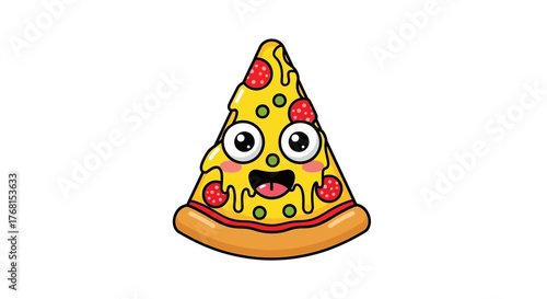 Whimsical pizza slice illustration with playful cartoon face and cheesy toppings