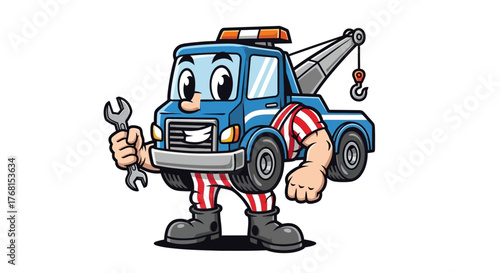 Cartoon Tow Truck Mascot with Wrench ready for roadside assistance and repairs