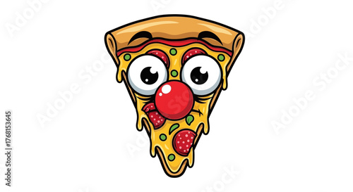 Animated pizza slice with whimsical face and dripping cheese on a clean background