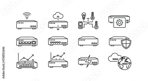 Collection of hand drawn icons representing network routers modems and cloud connectivity technology vector