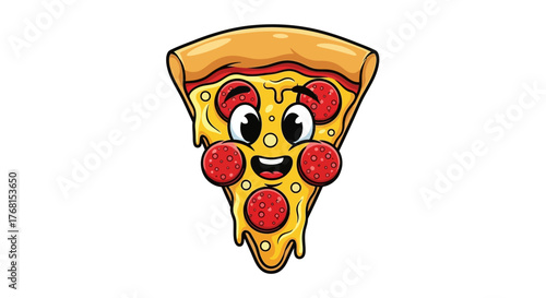 Whimsical pizza slice character with expressive eyes and cheesy pepperoni smile concept