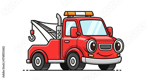Cartoon styled red tow truck with a smiling face for kids and animation projects and games