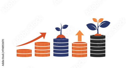 Financial growth concept with stacks of money coins and growing plants, illustrating successful investment, savings, and wealth accumulation for future prosperity
