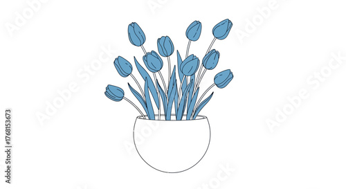 Stylized botanical illustration featuring vibrant blue tulips in a simple white vase