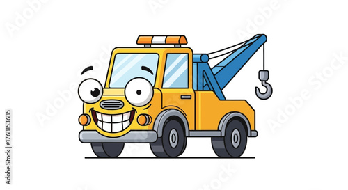 Cheerful cartoon tow truck with googly eyes and a big toothy grin delivering smiles