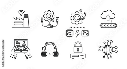 Set of industrial automation and smart factory icons representing industry 4.0 concepts for technology vector