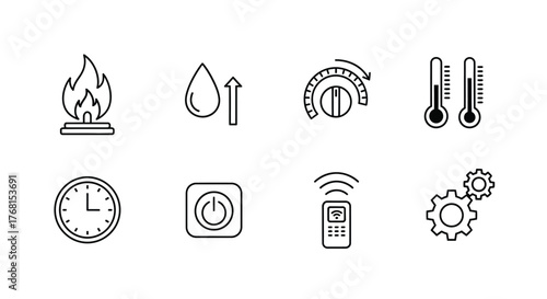 Set of climate control icons featuring flame thermometers clock remote and gears for hvac and temperature management vector