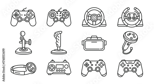 Collection of hand drawn gaming controllers and accessories for digital entertainment and virtual reality experiences vector