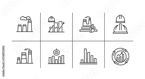 Set of industrial icons representing factories energy charts and buildings in simple outline style vector