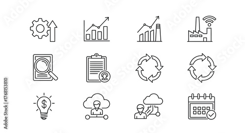 Hand drawn business icons representing growth strategy technology data and analytics vector