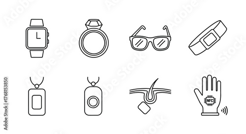 Collection of sketchy line art icons representing wearable technology and accessories for modern living vector